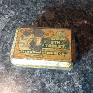 Antique 1910 embossed metal glass case medical tooth tablets California perfume